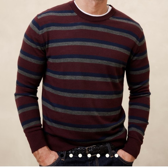 Banana Republic Other - Y2K Banana Republic Merino Wool Burgundy Gray Stripped Crew Neck Sweater Size XL